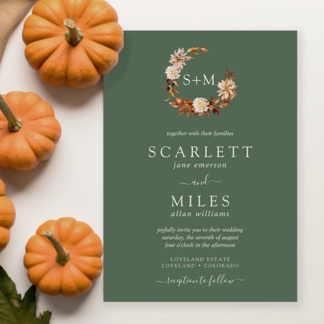 Invitation Sage Fall Terracotta Monogramme Mariage de couronn (Sage Fall Terracotta Monogram Wreath Wedding Invitation
)