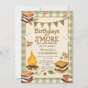 Invitation Sage Gingham Camp de Chute Feu de Joie Marshmallow