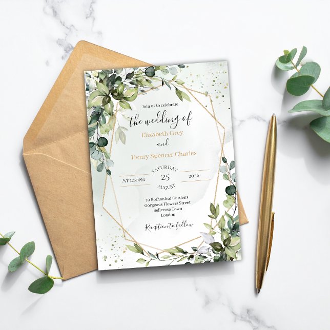 Invitation Sage gold eucalyptus geometric A5 wedding invite (Créateur téléchargé)