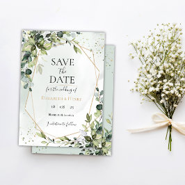 Invitation Sage gold eucalyptus geometric wedding save date