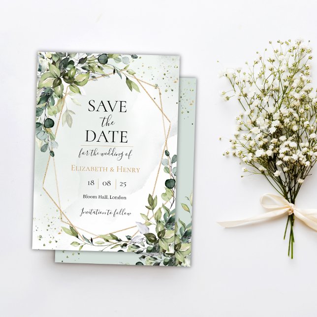 Invitation Sage gold eucalyptus geometric wedding save date (Créateur téléchargé)