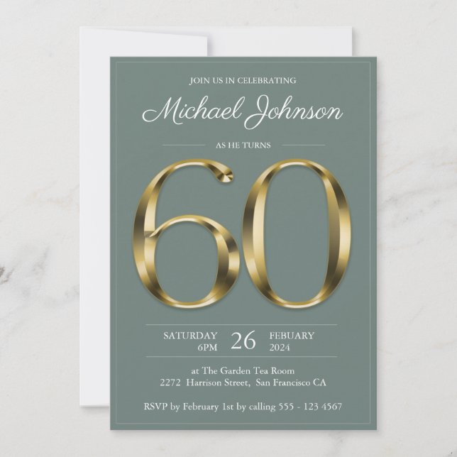 Invitation Sage Green 60e Anniversaire Solid Gold Texte Class (Devant)