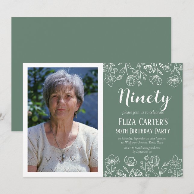 Invitation Sage Green 90ème 90ème Floral Elégant Anniversaire (Devant / Derrière)