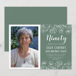 Invitation Sage Green 90ème 90ème Floral Elégant Anniversaire