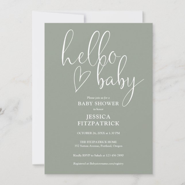 Invitation Sage Green All In One QR Code Hello Baby Shower (Devant)