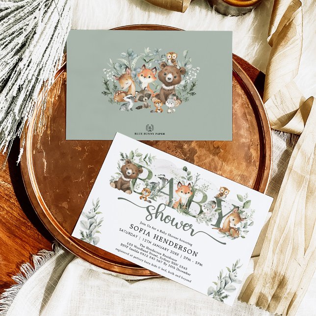 Invitation Sage Green Animaux de bois Baby shower neutre (Créateur téléchargé)