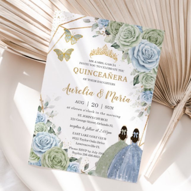 Invitation Sage Green Baby Blue Floral Twins Gold Quinceañera (sage green baby blue roses floral twins Quinceañera Sweet sixteen birthday invitation cards )