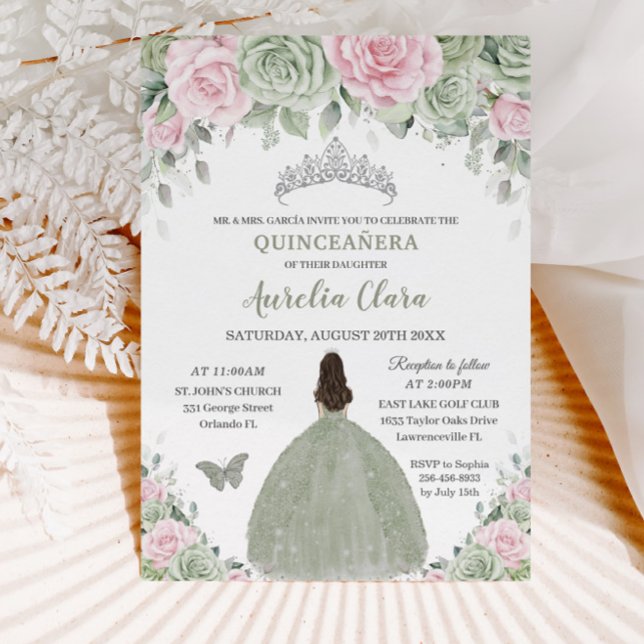 Invitation Sage Green Baby rose Floral Argent Quinceañera (Créateur téléchargé)