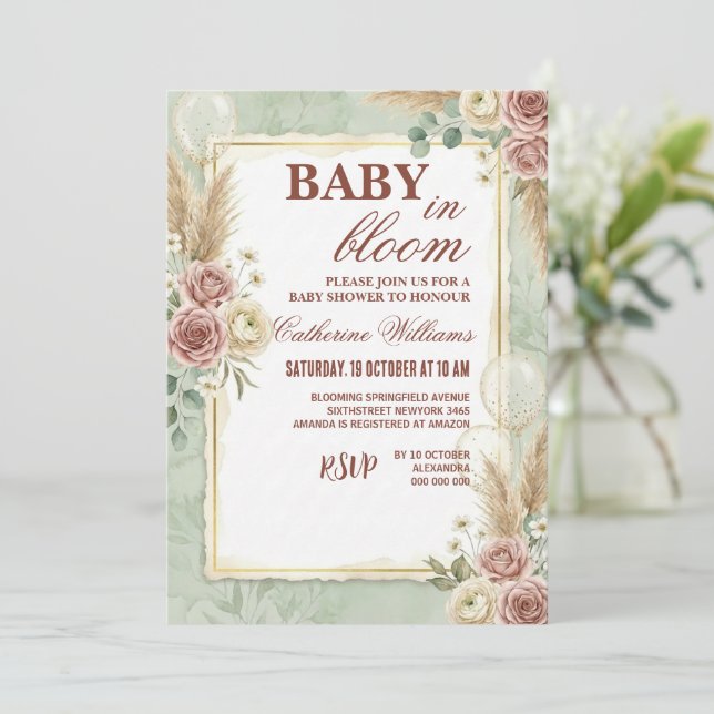 Invitation Sage Green Balloons Floral Baby Shower (Debout devant)