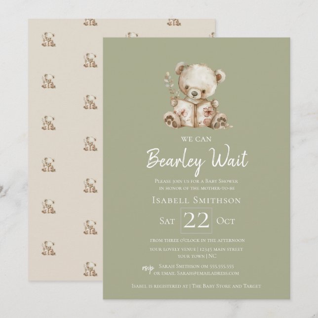 Invitation Sage Green Bearly Wait Storybook Bear Baby shower (Devant / Derrière)