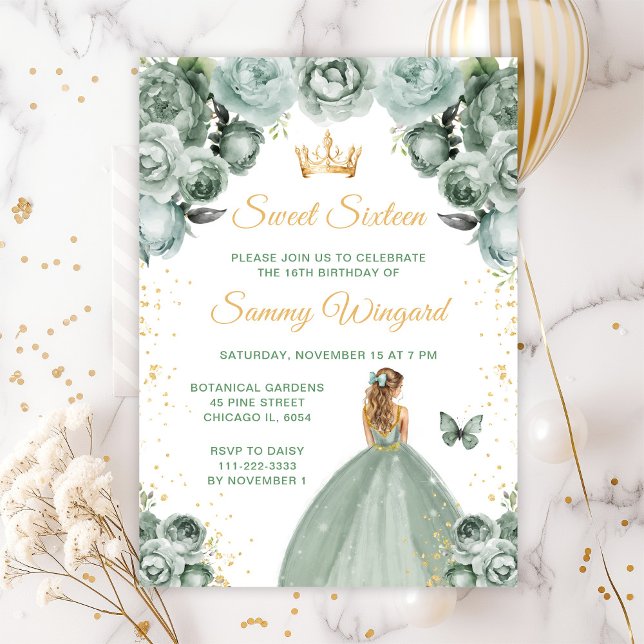 Invitation Sage Green Blonde cheveux Princesse Sweet sixteen (Créateur téléchargé)