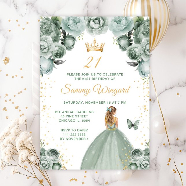 Invitation Sage Green Blonde Coiffure Princesse Anniversaire (Créateur téléchargé)