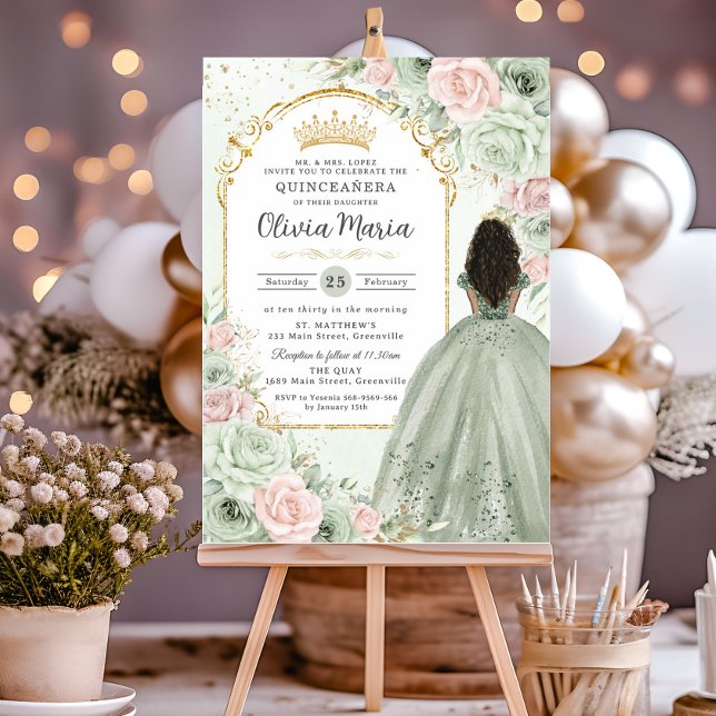 Invitation Sage Green Blush Floral Brown fille Quinceañera (sage green blush pink floral flowers gold quinceanera brown black curly hair girl sweet 16 invites)