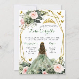 Invitation Sage Green Blush Papillon rose fille Quinceañera