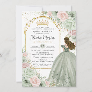 Invitation Sage Green Blush rose Floral Princess Quinceañera