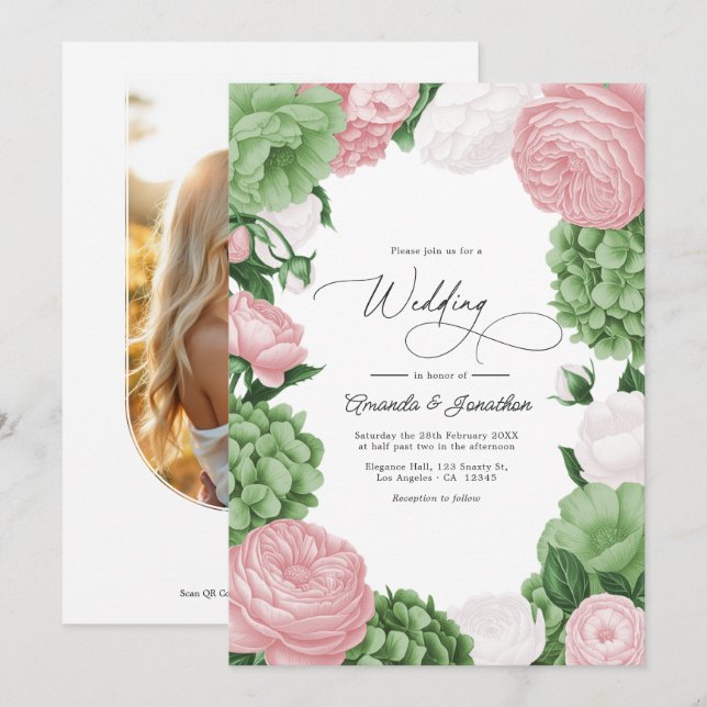 Invitation Sage Green, Blush & White Floral Wedding (Devant / Derrière)