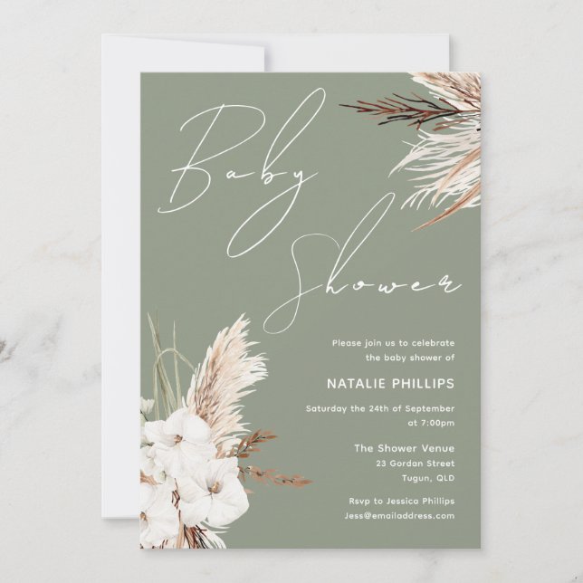 Invitation Sage Green Boho Blanc Floral Baby shower moderne (Devant)
