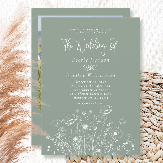 Invitation Sage Green Boho Fleur sauvage QR Code Mariage phot (Créateur téléchargé)