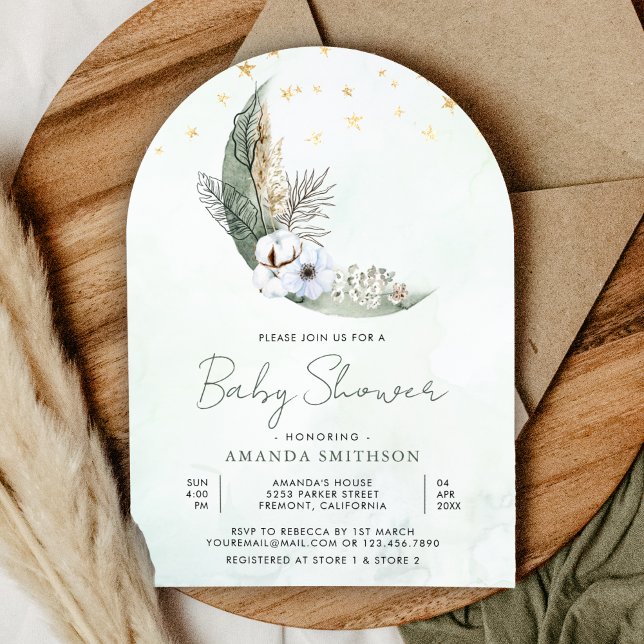 Invitation Sage Green Boho Floral Moon Arch Baby shower (Créateur téléchargé)