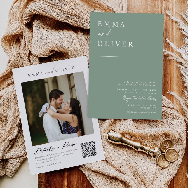Invitation Sage Green Boho Minimal Mariage Photo QR Code RSVP (Créateur téléchargé)