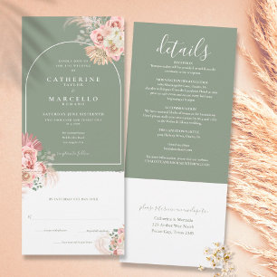 Invitation Sage Green Boho Pampas Grass Tout en un Mariage