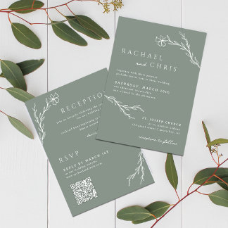 Invitation Sage Green Boho Simple Floral Botanal Code QR