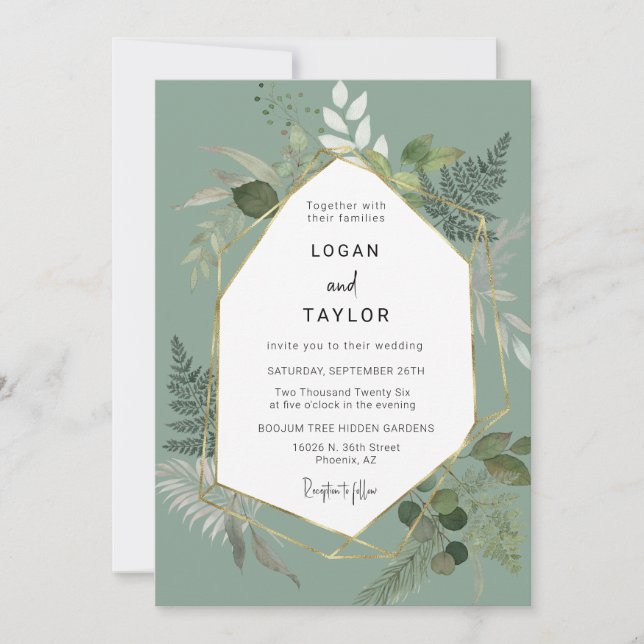 Invitation Sage Green Botanical Greenery Gold Frame QR Code (Devant)