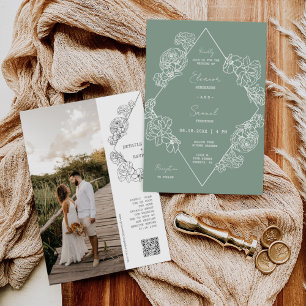 Invitation Sage Green Botanical Line Art Boho QR Code Photo