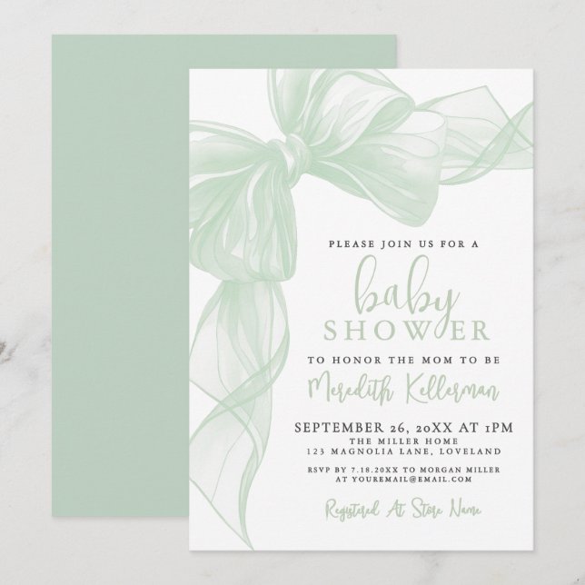 Invitation Sage Green Bow Baby Shower (Devant / Derrière)