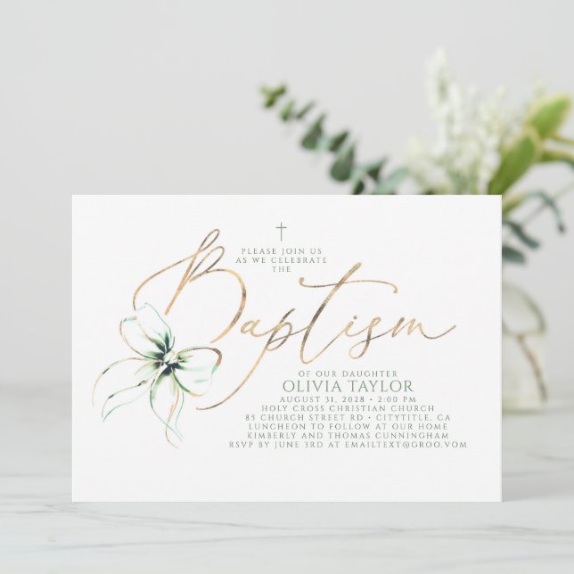 Invitation Sage Green Bow Elegant Minimalist Modern Baptism (Debout devant)