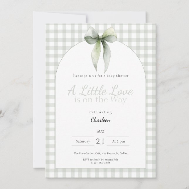 Invitation Sage Green Bow Gingham Baby Shower (Devant)