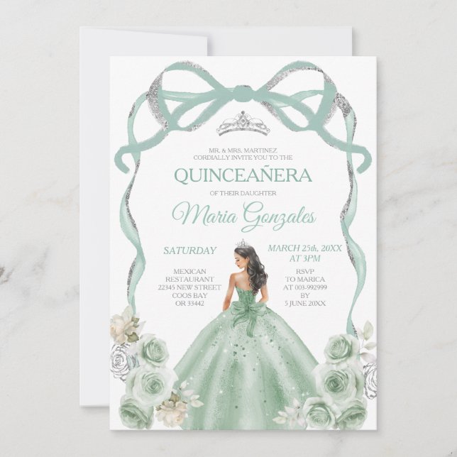 Invitation Sage Green Bow Princess Couronne argent Quinceañer (Devant)