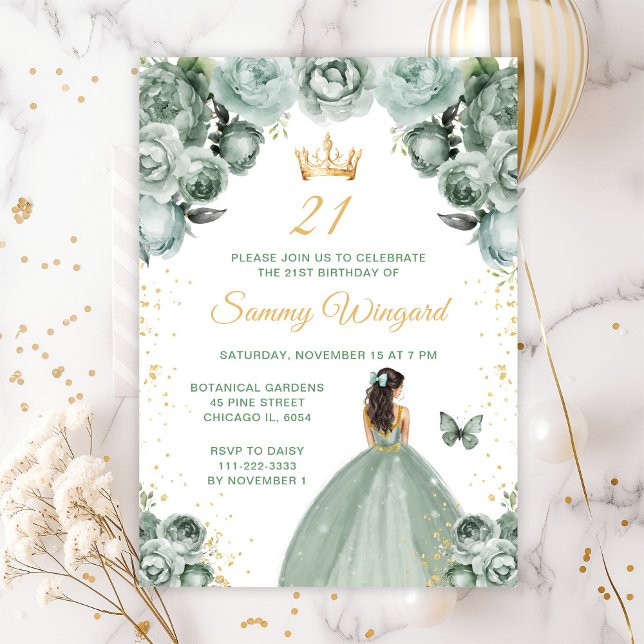 Invitation Sage Green Brunette Cheveux Princesse Anniversaire (Créateur téléchargé)