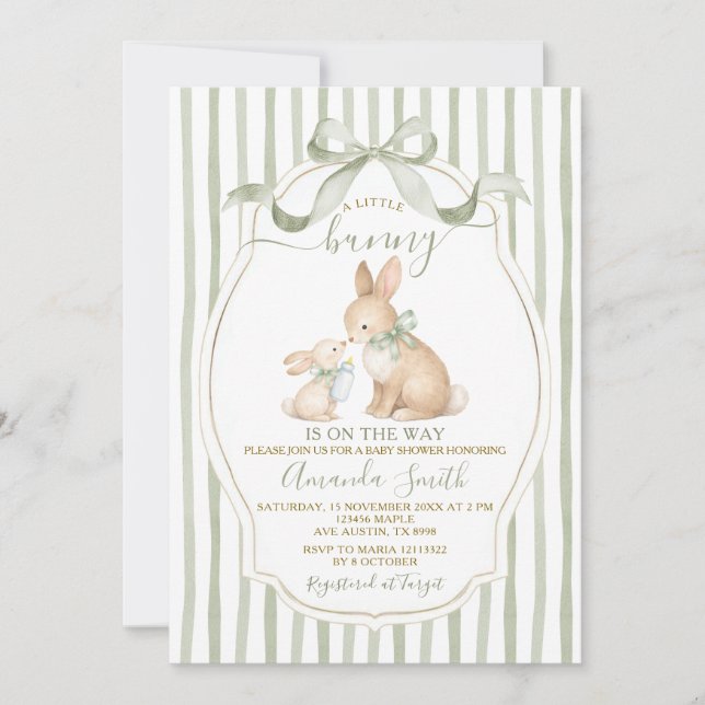 Invitation Sage Green Bunny Baby Shower Dusty Green (Devant)