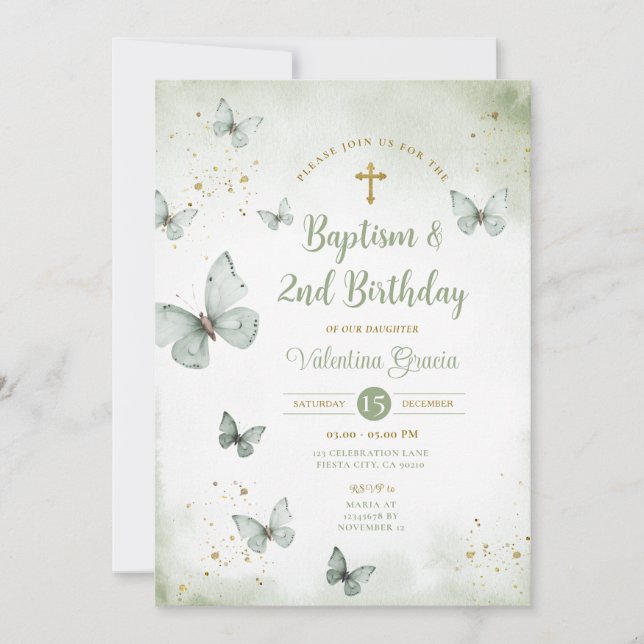 Invitation Sage Green Butterfly Girl 3ème anniversaire Baptêm (Devant)
