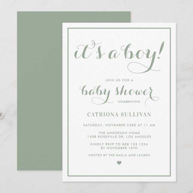 Invitation Sage Green C'est un Baby shower de calligraphie po (Devant / Derrière)