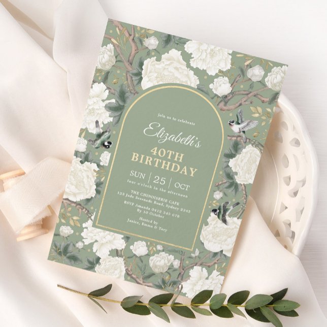 Invitation Sage Green Chinoiserie Floral Femmes 40e anniversa (Créateur téléchargé)