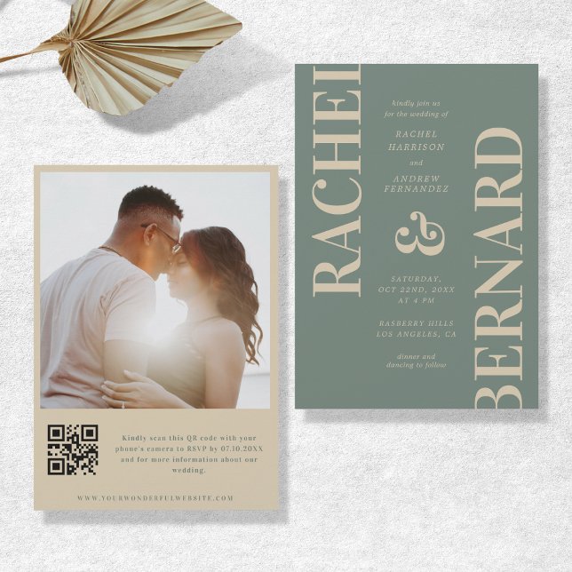 Invitation Sage Green & Cream Bold Typographie QR Code Mariag (Créateur téléchargé)