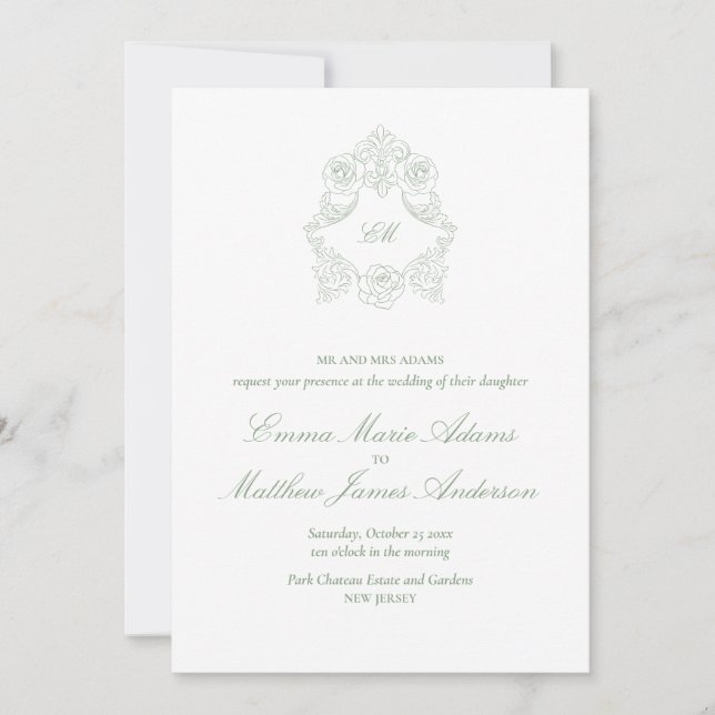 Invitation Sage Green Crest Monogramme Mariage classique (Devant)