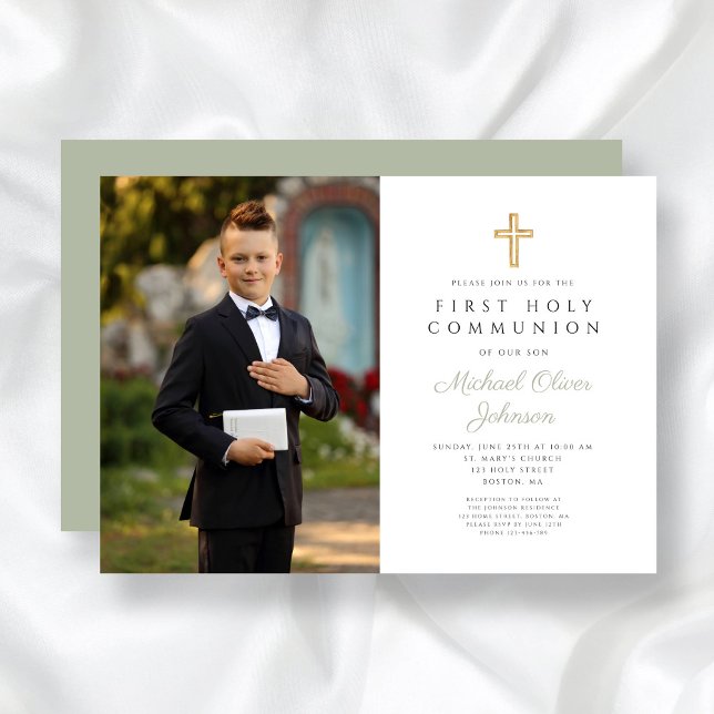 Invitation Sage Green Cross Photo Boy First Communion (Sage Green Cross Photo Boy First Communion Invitation)
