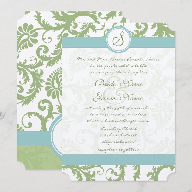 Invitation Sage Green Damask et Aqua Mariage damassé Invitati (Devant / Derrière)