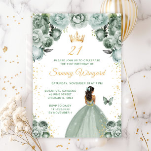 Invitation Sage Green Dark Skin Princesse Anniversaire