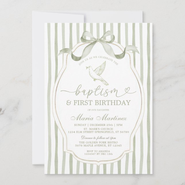 Invitation Sage Green Dove Baptism First Birthday (Devant)