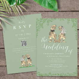 Invitation Sage Green Elegant Dinosaur Wedding QR Code