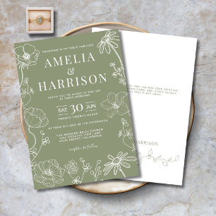 Invitation Sage Green Elegant Floral Line Art Mariage