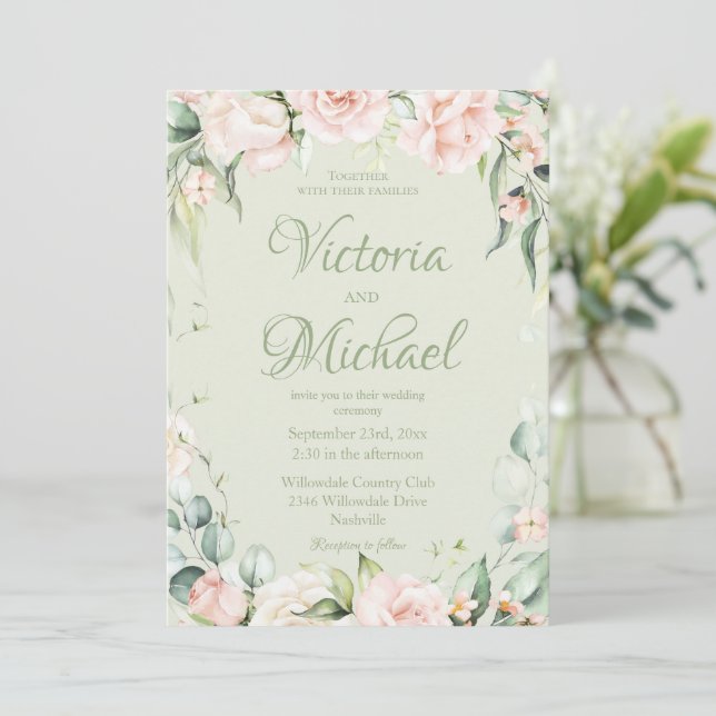 Invitation Sage Green Elegant Mariage Floral (Debout devant)