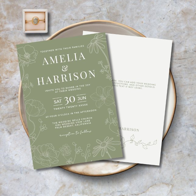 Invitation Sage Green Elegant Mariage Floral (Sage Green Elegant Floral Wedding Invitation with Line Art Flowers, Optional Text on Back.)