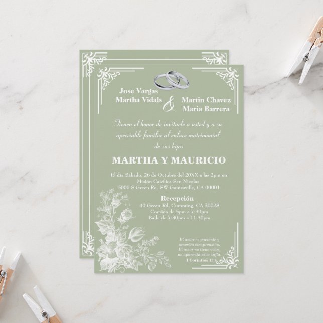 Invitation Sage Green Élégant Notre Mariage  (Devant/Arrière en situation)