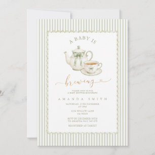 Invitation Sage Green Élégant Rayé Baby Shower Thé à Partir