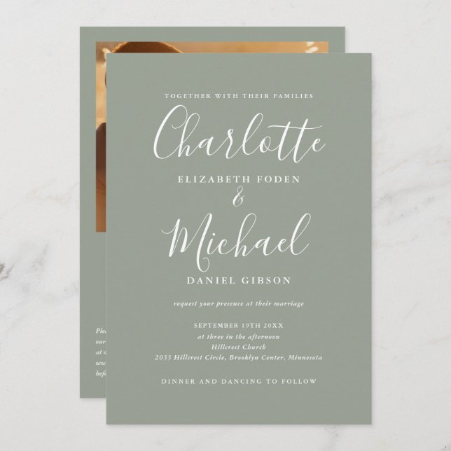 Invitation Sage Green Élégant Script QR Code Mariage photo (Devant / Derrière)